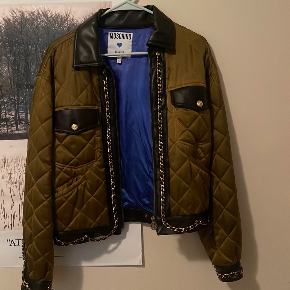 Vintage 1980s Designer Moschino Olive Green Silk Quilted Bomber Jacker SZ 8